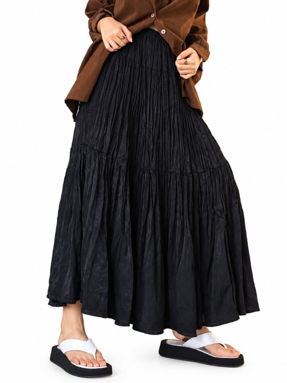 UNIQLO x INES DE LA FRESSANGE Crinkle Tiered Maxi Skirt Black Large Lagenlook